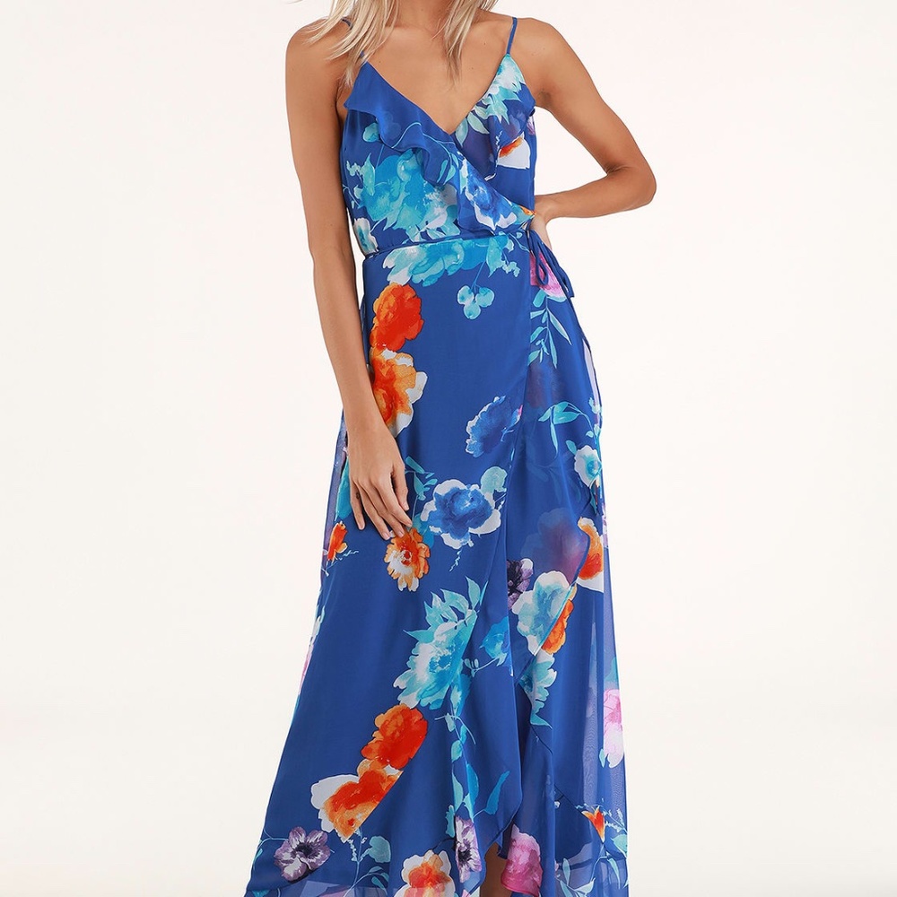 Lulu's Ladean Royal Blue Floral Print Ruffled Wrap Maxi Dress